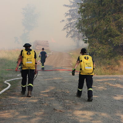 Bild vergr&ouml;&szlig;ern: Personen mit Löschrucksäcken beim Brand in Gösselsdorf.