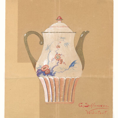 Bild vergr&ouml;&szlig;ern: Gertrud Schlameus, Entwurf für eine Kaffeekanne, um 1930, Bleistift, Deckfarbe auf braunen Karton, TLMH (Foto: Christopher Leikauf)