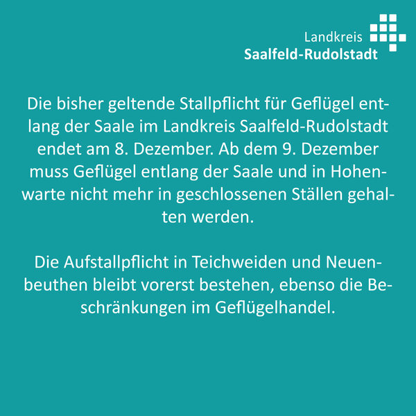 Die bisher geltende Stallpflicht für Geflügel entlang der Saale im Landkreis Saalfeld-Rudolstadt endet am 8. Dezember. Das Veterinär- und Lebensmittelüberwachungsamt des Landkreises Saalfeld-Rudolstadt hebt die Allgemeinverfügung zu Aufstallung von Geflügel vom 4. November auf. Ab dem 9. Dezember muss Geflügel entlang der Saale und in Hohenwarte nicht mehr in geschlossenen Ställen gehalten werden. 